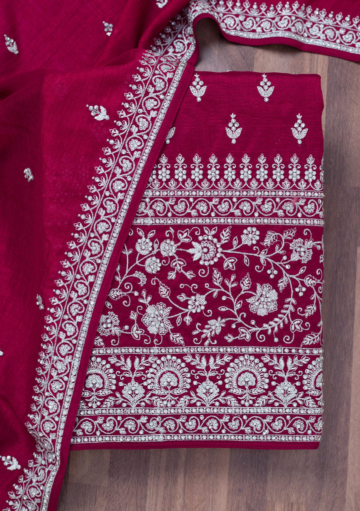Maroon Zariwork Soft Raw Silk Unstitched Salwar Suit-Koskii