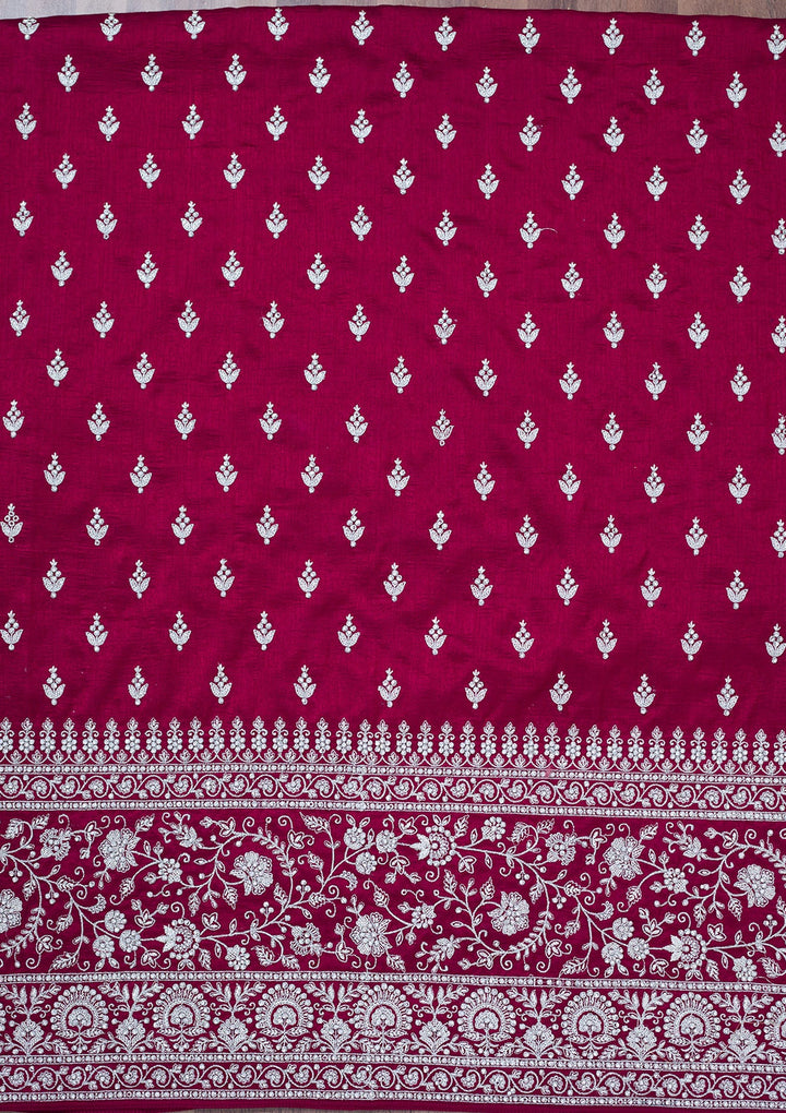 Maroon Zariwork Soft Raw Silk Unstitched Salwar Suit-Koskii