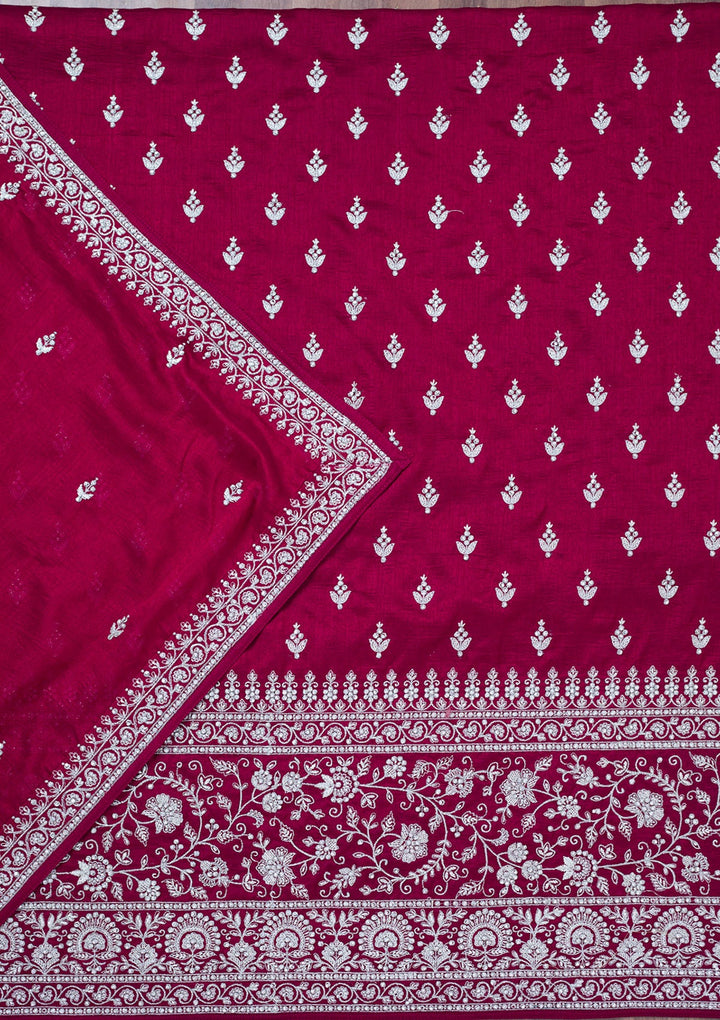 Maroon Zariwork Soft Raw Silk Unstitched Salwar Suit-Koskii