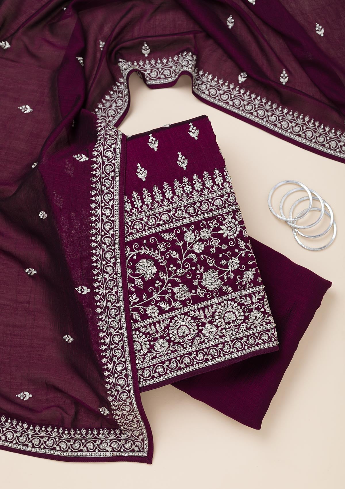 Wine Zariwork Soft Raw Silk Unstitched Salwar Suit-Koskii