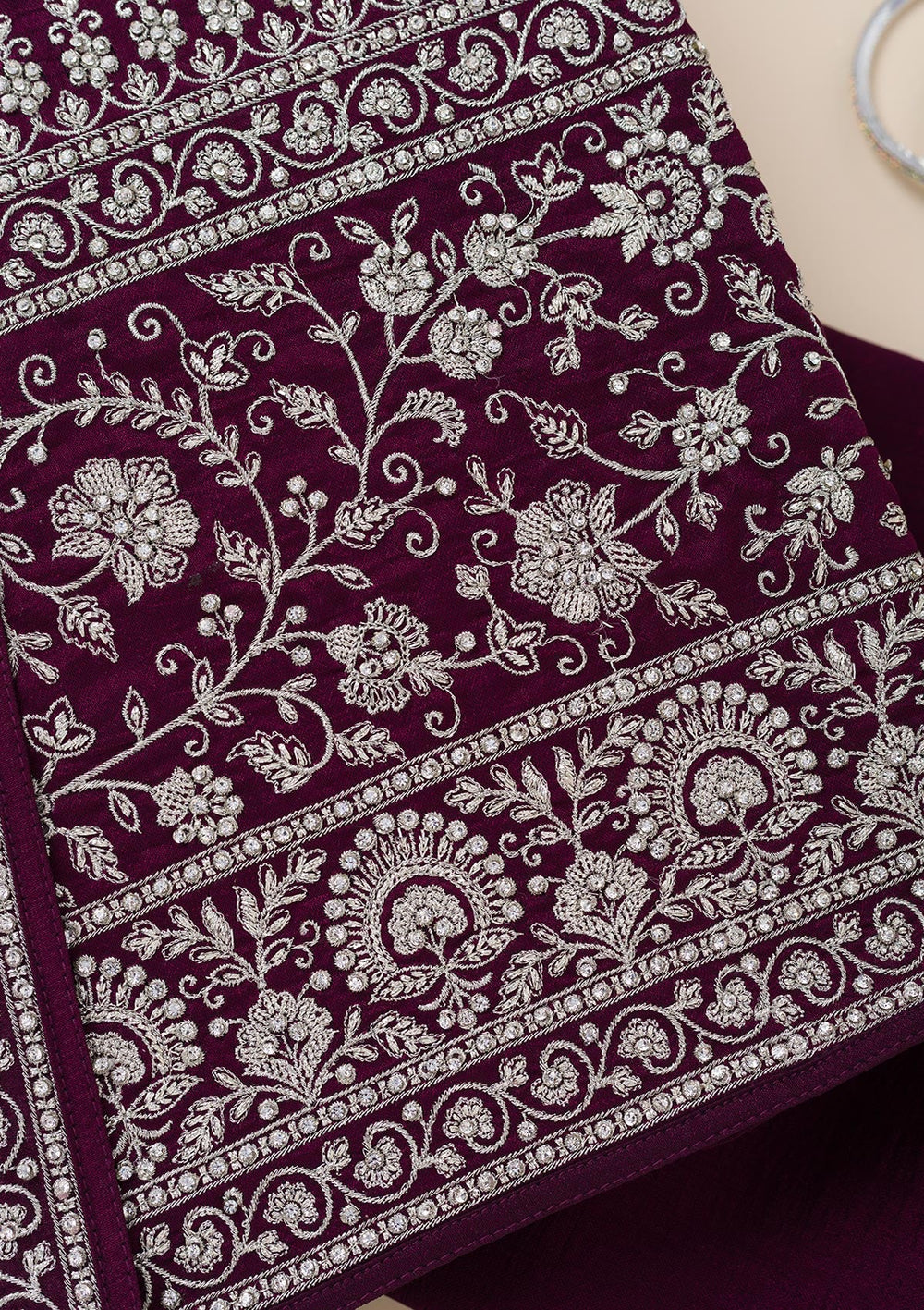 Wine Zariwork Soft Raw Silk Unstitched Salwar Suit-Koskii