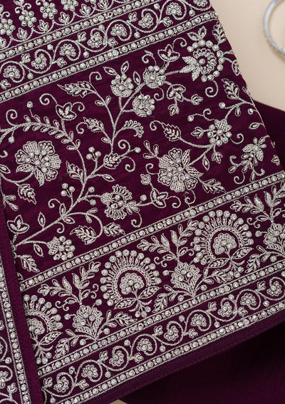 Wine Zariwork Soft Raw Silk Unstitched Salwar Suit-Koskii