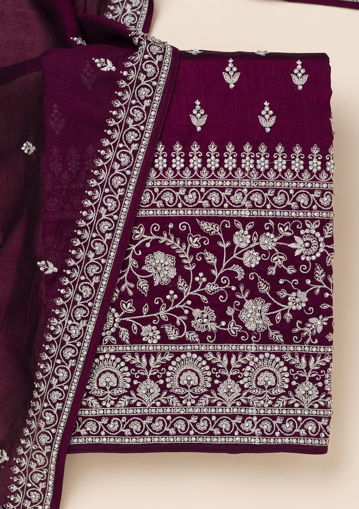 Wine Zariwork Soft Raw Silk Unstitched Salwar Suit-Koskii