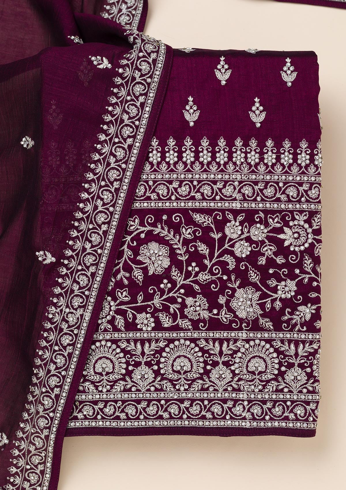 Wine Zariwork Soft Raw Silk Unstitched Salwar Suit-Koskii