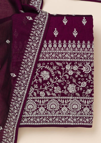 Wine Zariwork Soft Raw Silk Unstitched Salwar Suit-Koskii