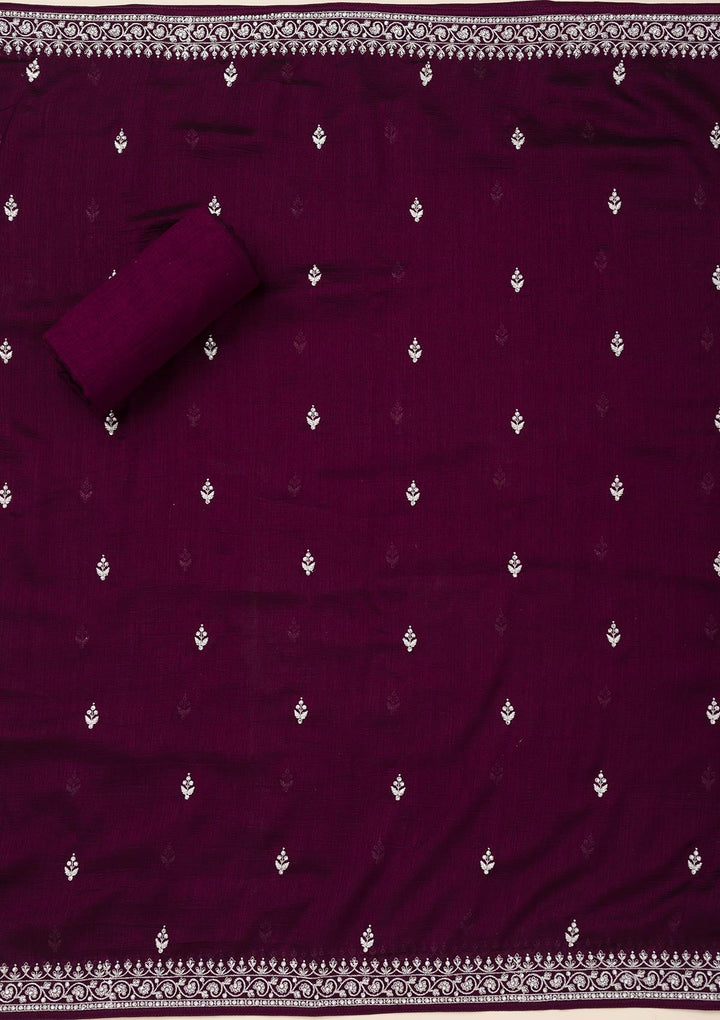 Wine Zariwork Soft Raw Silk Unstitched Salwar Suit-Koskii