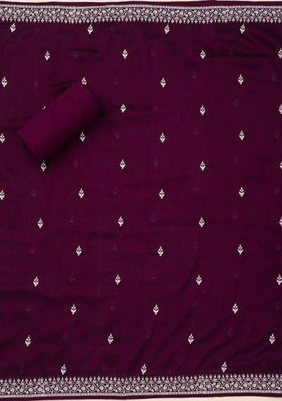 Wine Zariwork Soft Raw Silk Unstitched Salwar Suit-Koskii