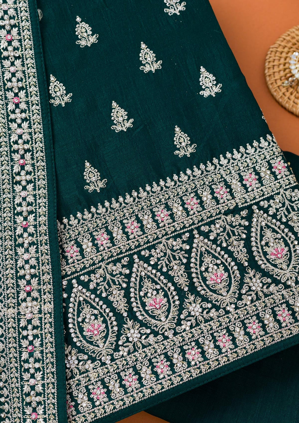 Bottle Green Zariwork Art Silk Unstitched Salwar Suit-Koskii
