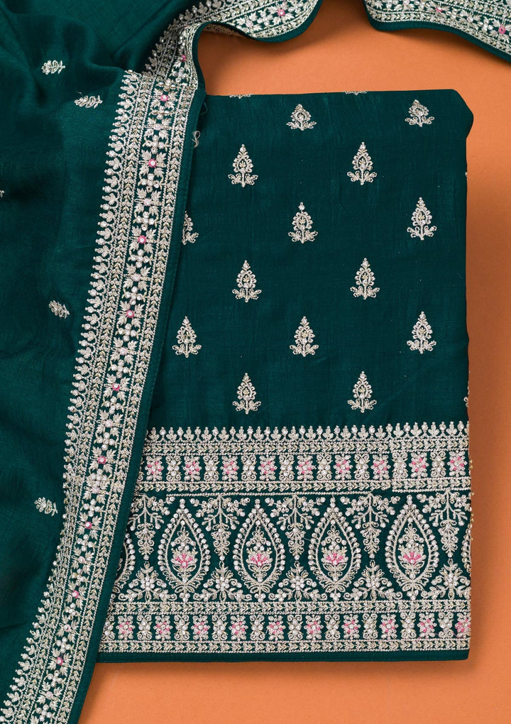 Bottle Green Zariwork Art Silk Unstitched Salwar Suit-Koskii