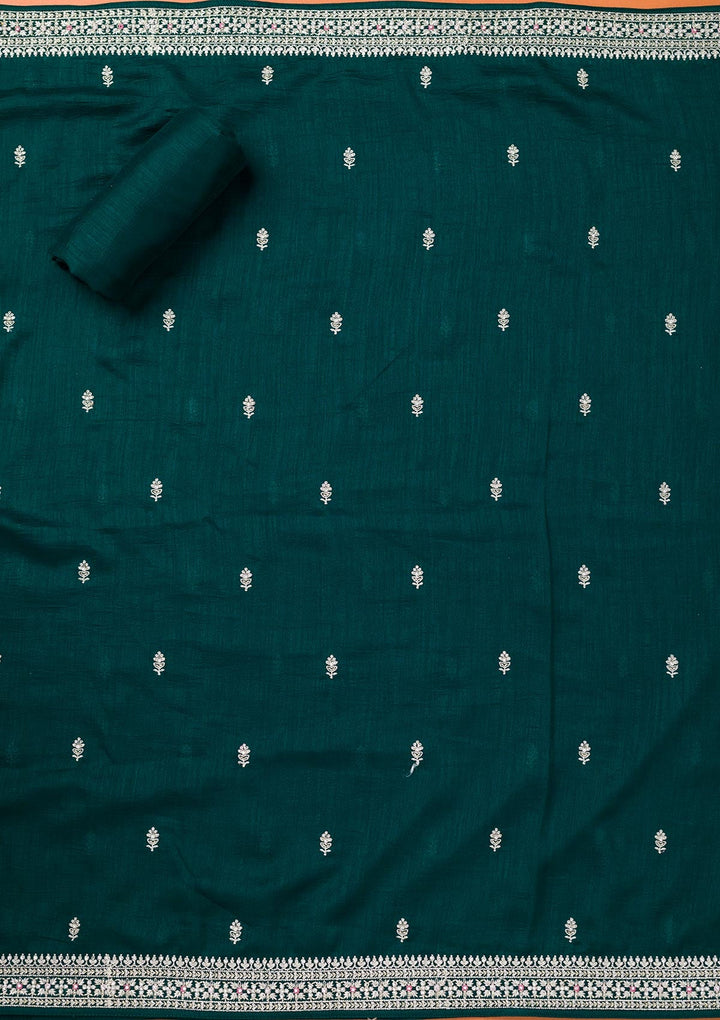 Bottle Green Zariwork Art Silk Unstitched Salwar Suit-Koskii