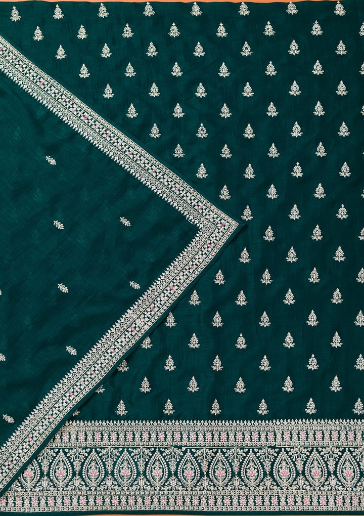 Bottle Green Zariwork Art Silk Unstitched Salwar Suit-Koskii