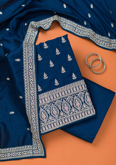 Peacock Blue Zariwork Art Silk Unstitched Salwar Suit-Koskii