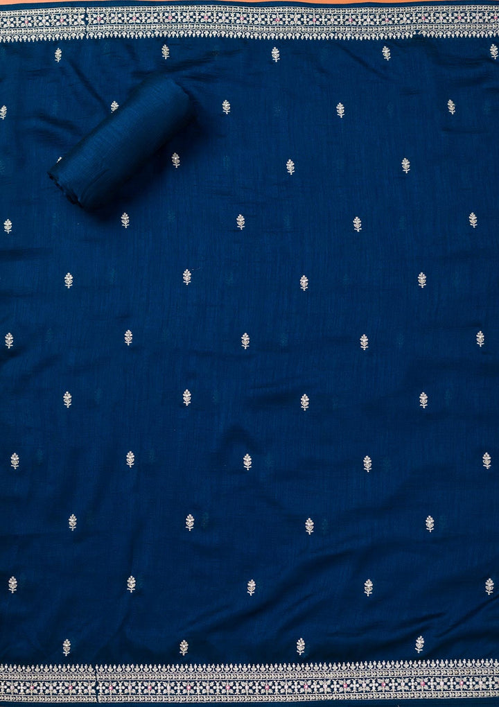 Peacock Blue Zariwork Art Silk Unstitched Salwar Suit-Koskii