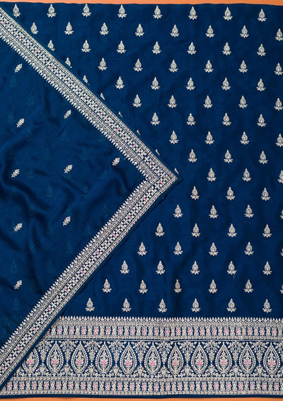 Peacock Blue Zariwork Art Silk Unstitched Salwar Suit-Koskii