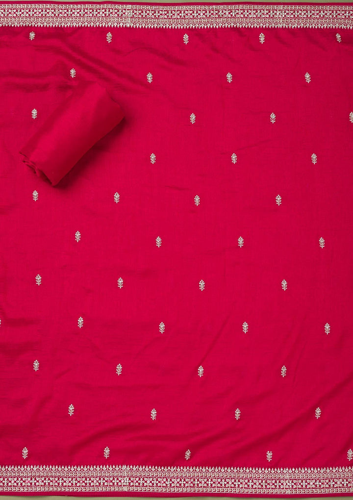 Rani Pink Zariwork Art Silk Unstitched Salwar Suit-Koskii