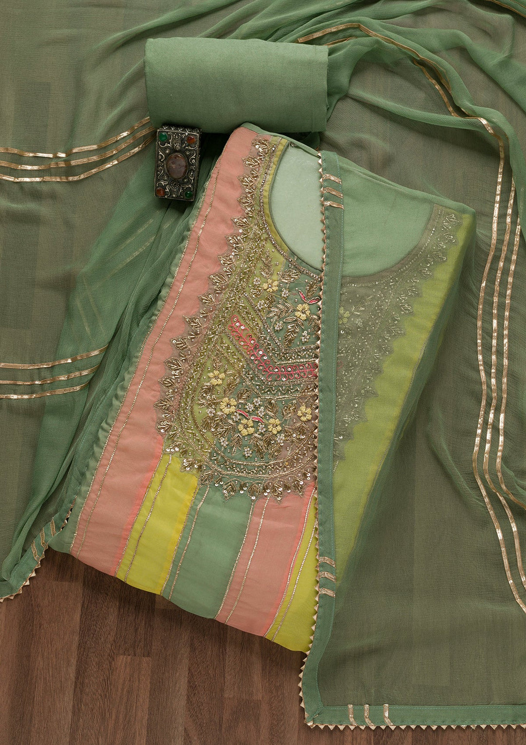Pista Green Zardosi Organza Unstitched Salwar Suit-Koskii