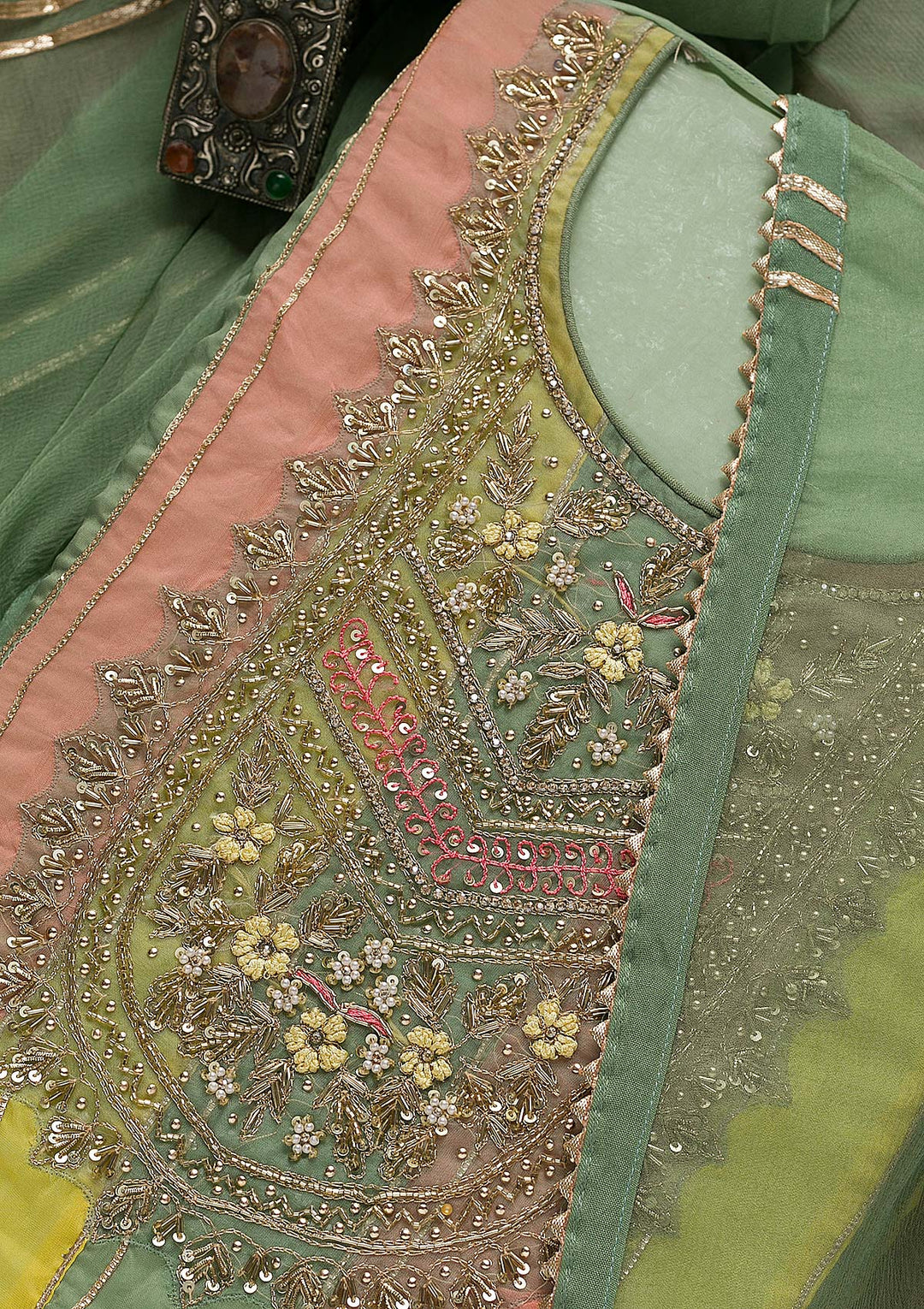 Pista Green Zardosi Organza Unstitched Salwar Suit-Koskii