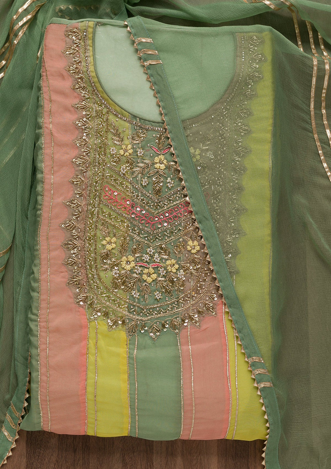 Pista Green Zardosi Organza Unstitched Salwar Suit-Koskii