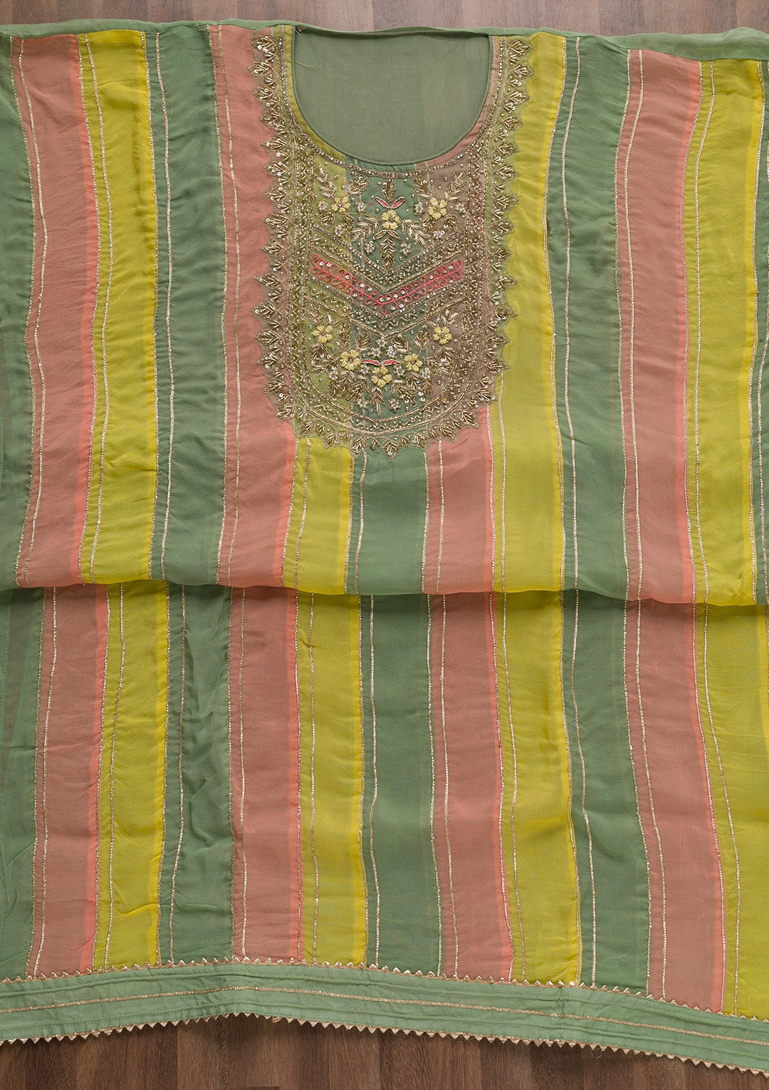 Pista Green Zardosi Organza Unstitched Salwar Suit-Koskii
