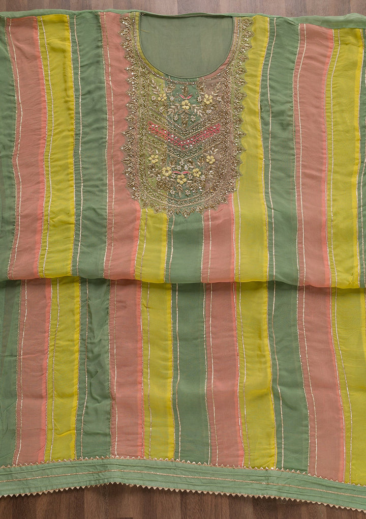 Pista Green Zardosi Organza Unstitched Salwar Suit-Koskii