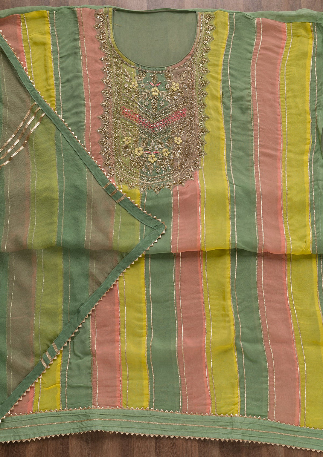 Pista Green Zardosi Organza Unstitched Salwar Suit-Koskii