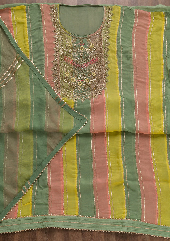 Pista Green Zardosi Organza Unstitched Salwar Suit-Koskii