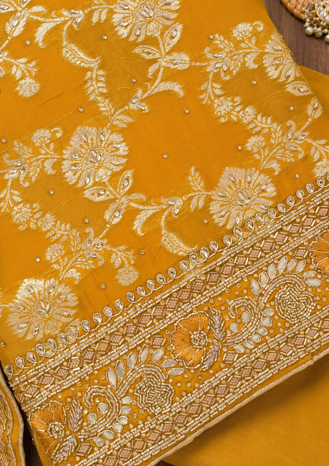 Mustard Threadwork Georgette Unstitched Salwar Suit