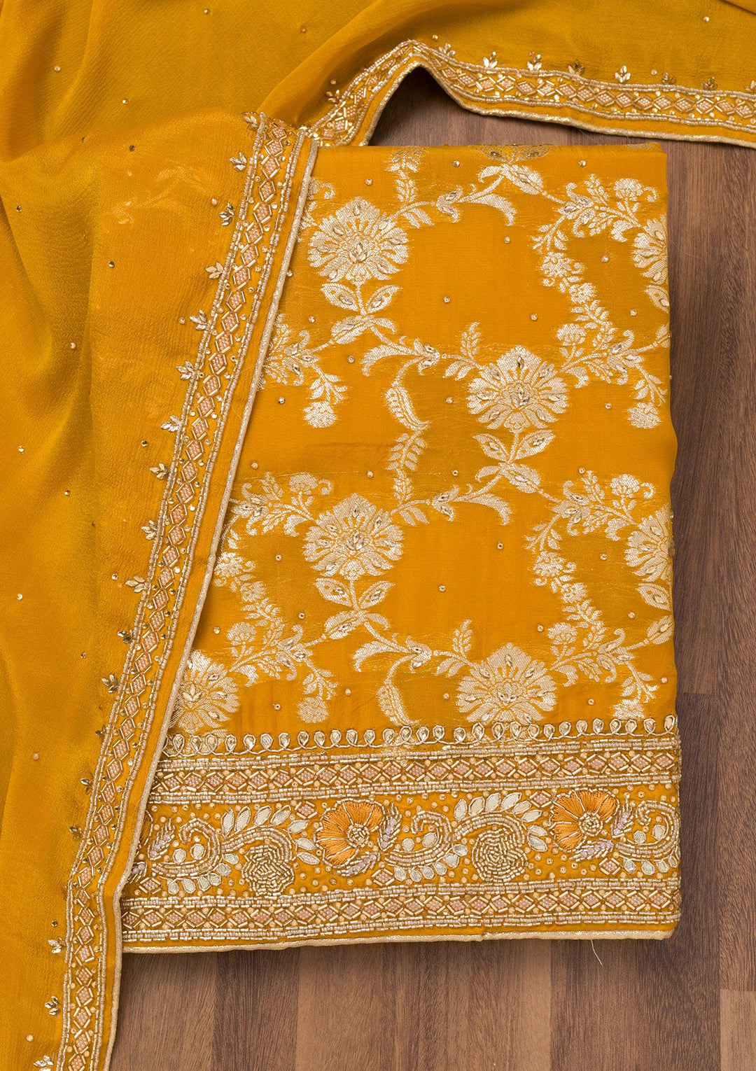 Mustard Threadwork Georgette Unstitched Salwar Suit