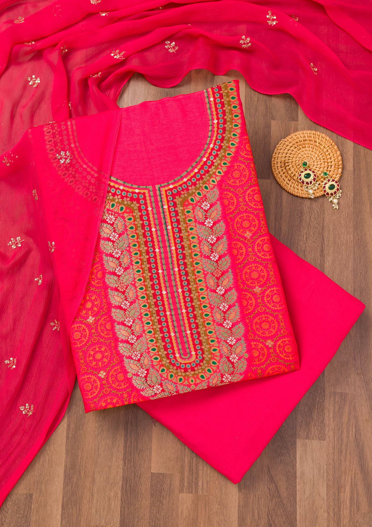 Rani Pink Zariwork Banarasi Unstitched Salwar Suit-Koskii