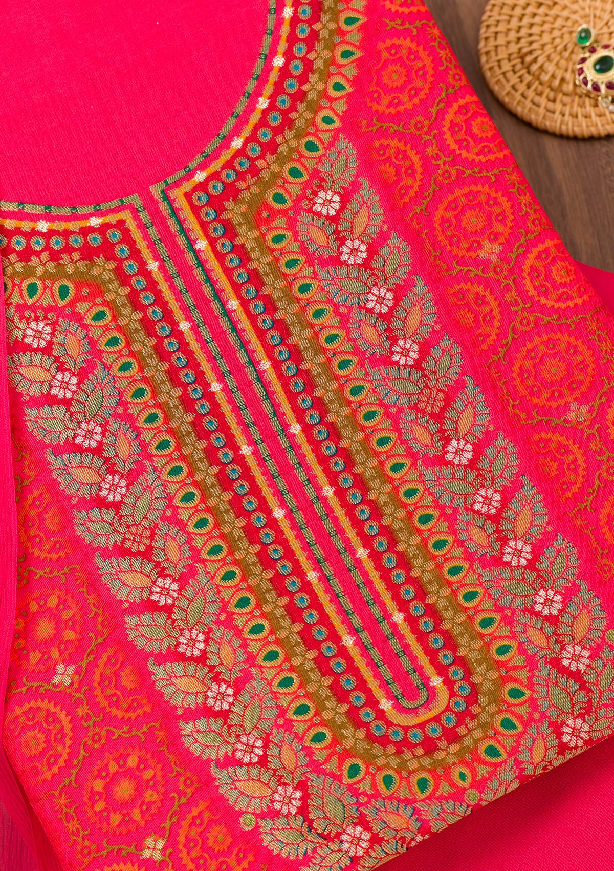 Rani Pink Zariwork Banarasi Unstitched Salwar Suit-Koskii