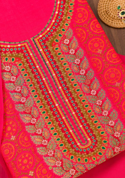 Rani Pink Zariwork Banarasi Unstitched Salwar Suit-Koskii