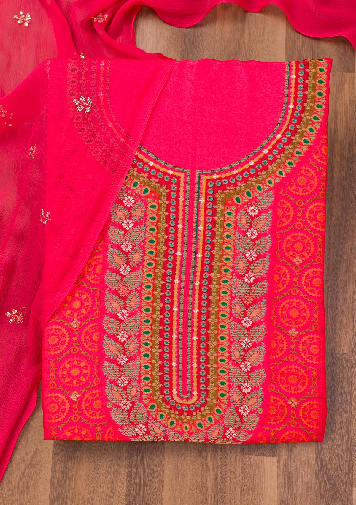 Rani Pink Zariwork Banarasi Unstitched Salwar Suit-Koskii
