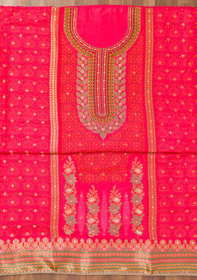 Rani Pink Zariwork Banarasi Unstitched Salwar Suit-Koskii