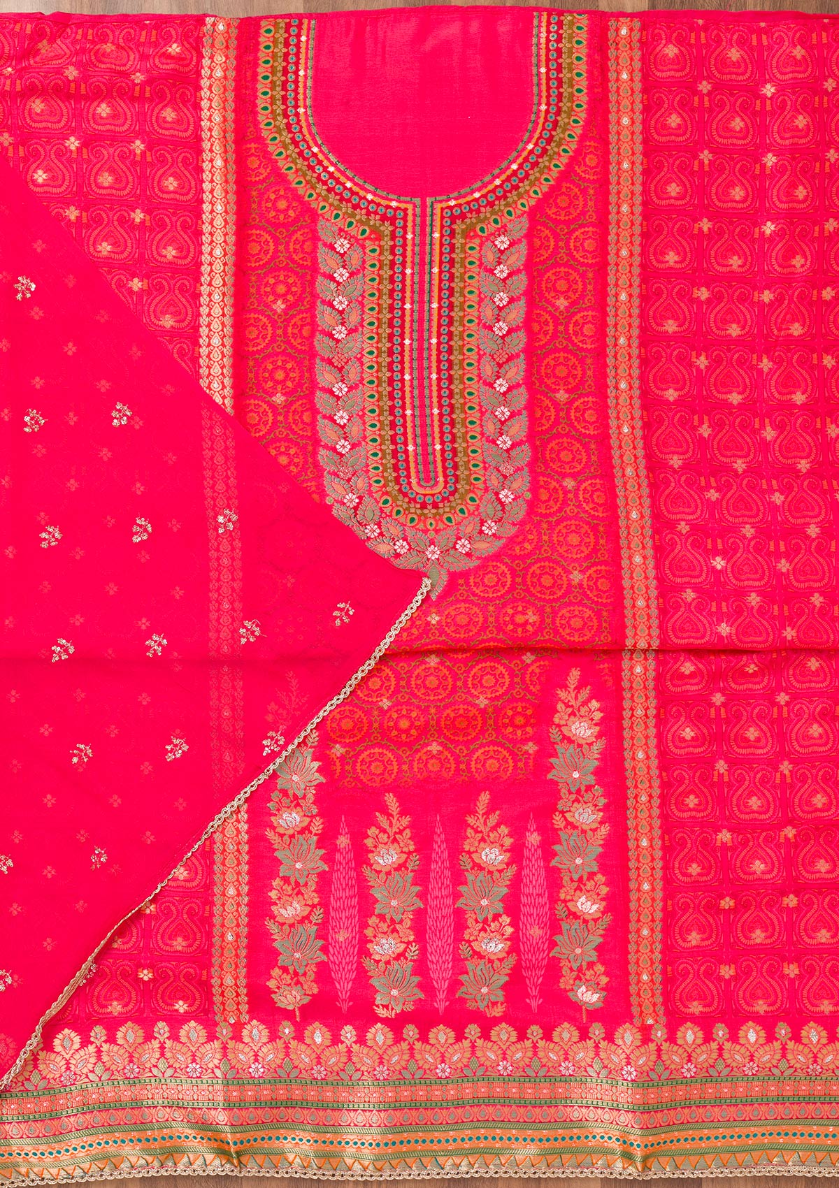 Rani Pink Zariwork Banarasi Unstitched Salwar Suit-Koskii