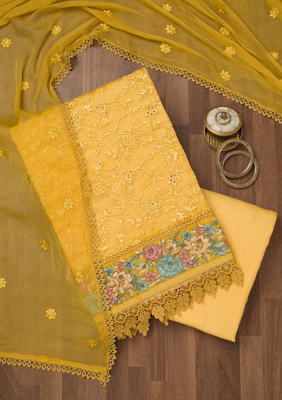 Yellow Threadwork Georgette Unstitched Salwar Suit-Koskii