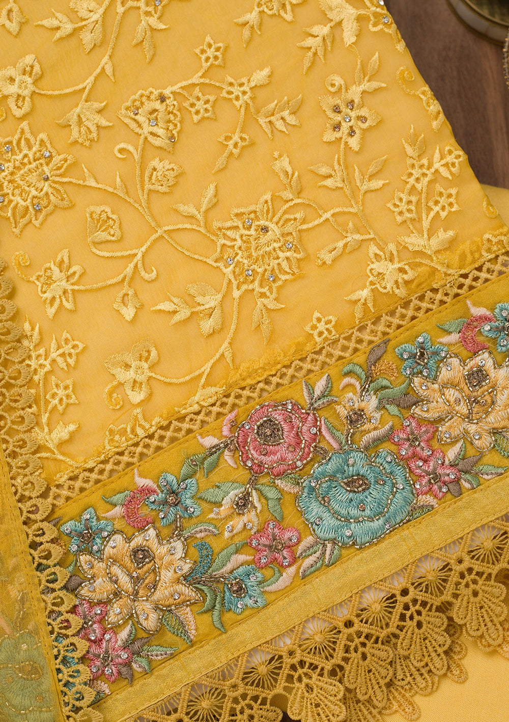 Yellow Threadwork Georgette Unstitched Salwar Suit-Koskii