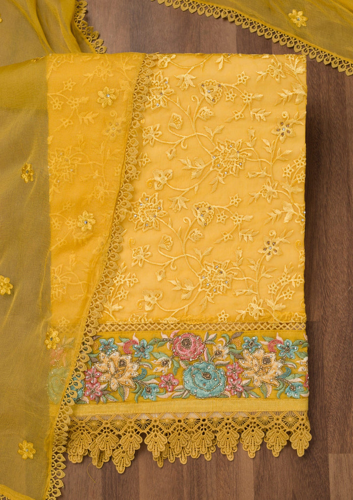 Yellow Threadwork Georgette Unstitched Salwar Suit-Koskii