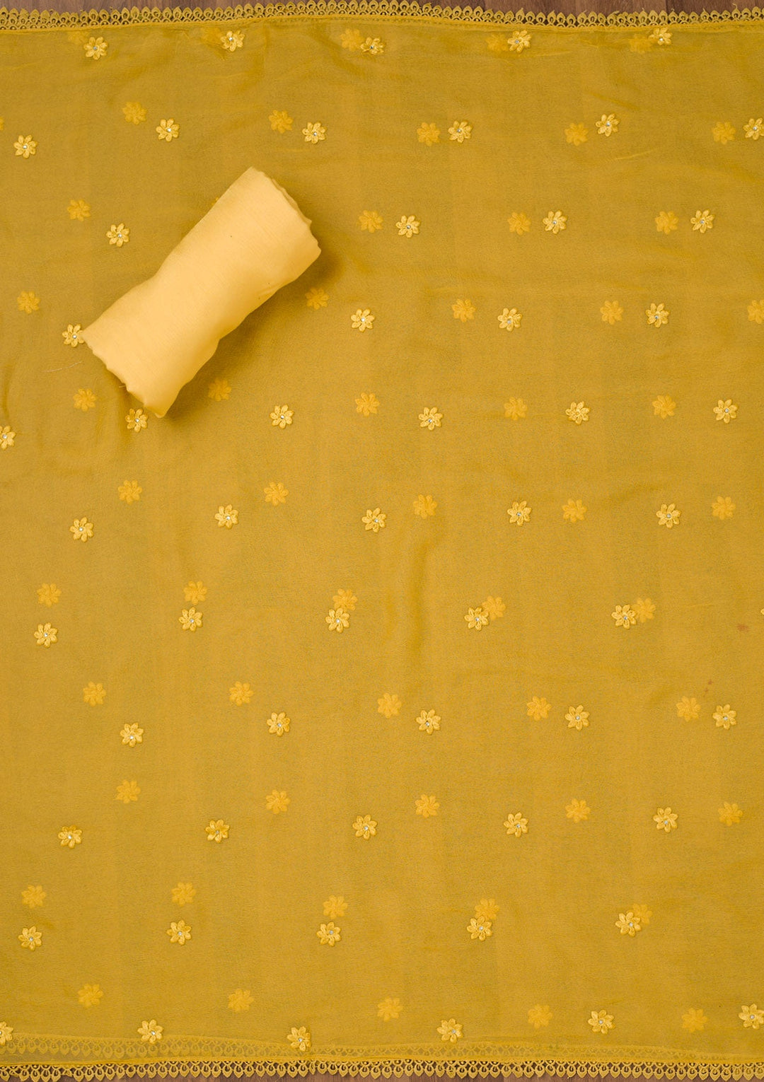 Yellow Threadwork Georgette Unstitched Salwar Suit-Koskii