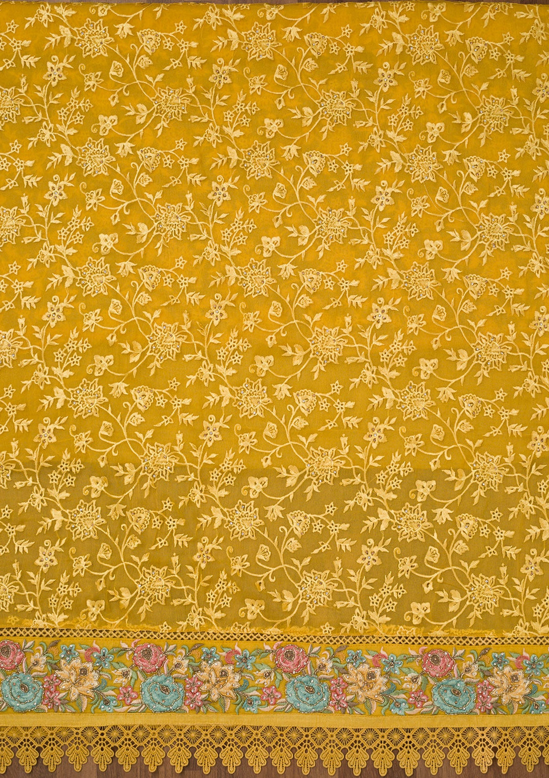 Yellow Threadwork Georgette Unstitched Salwar Suit-Koskii