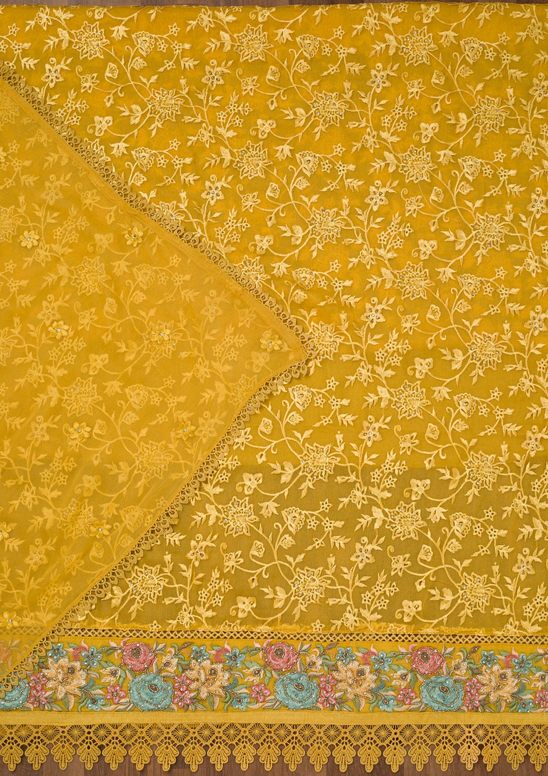 Yellow Threadwork Georgette Unstitched Salwar Suit-Koskii