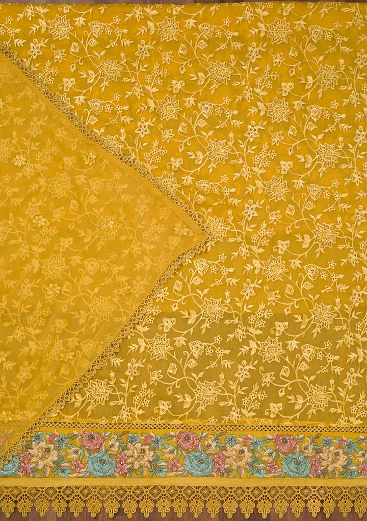 Yellow Threadwork Georgette Unstitched Salwar Suit-Koskii
