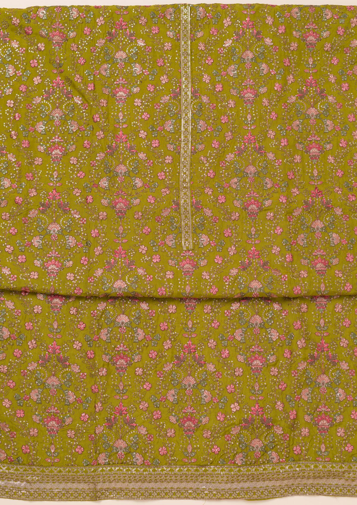 Parrot Green Threadwork Semi Crepe Unstitched Salwar Suit
