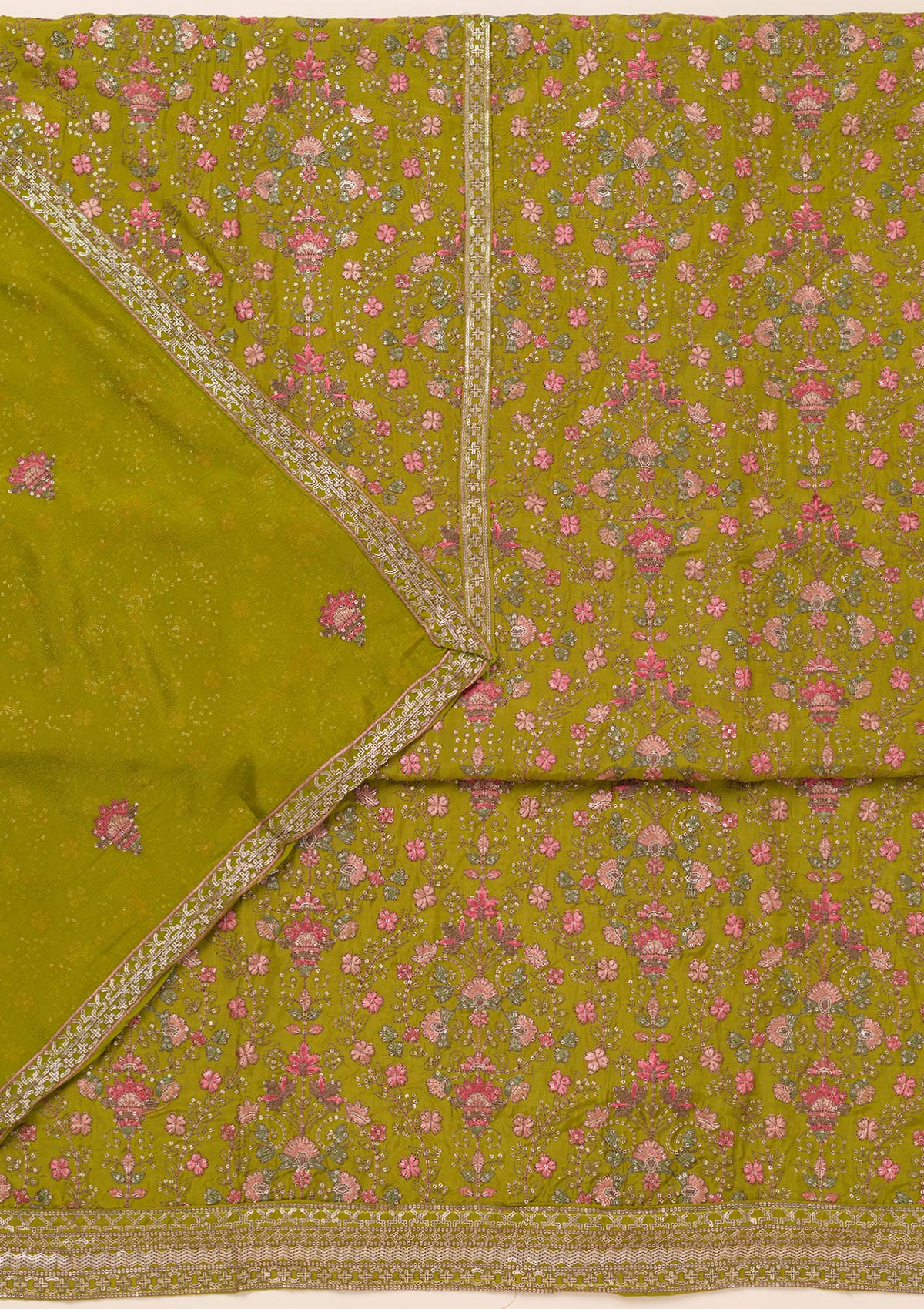Parrot Green Threadwork Semi Crepe Unstitched Salwar Suit
