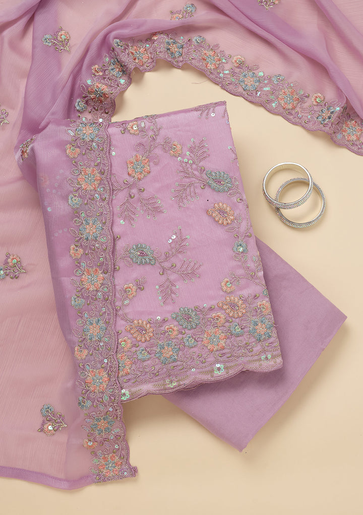Lavender Threadwork Semi Crepe Unstitched Salwar Suit