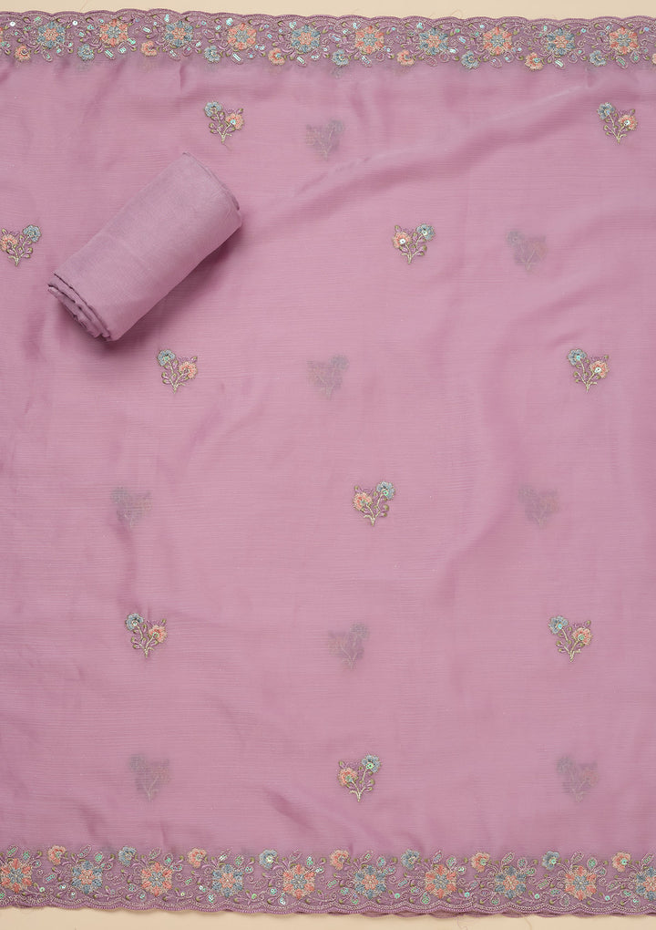 Lavender Threadwork Semi Crepe Unstitched Salwar Suit