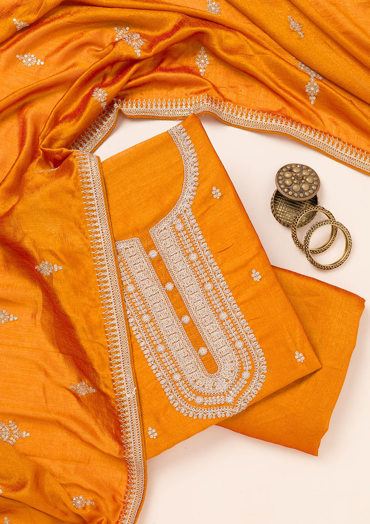 Buy Mustard Zariwork Art Silk Unstitched Salwar Suit - Koskii