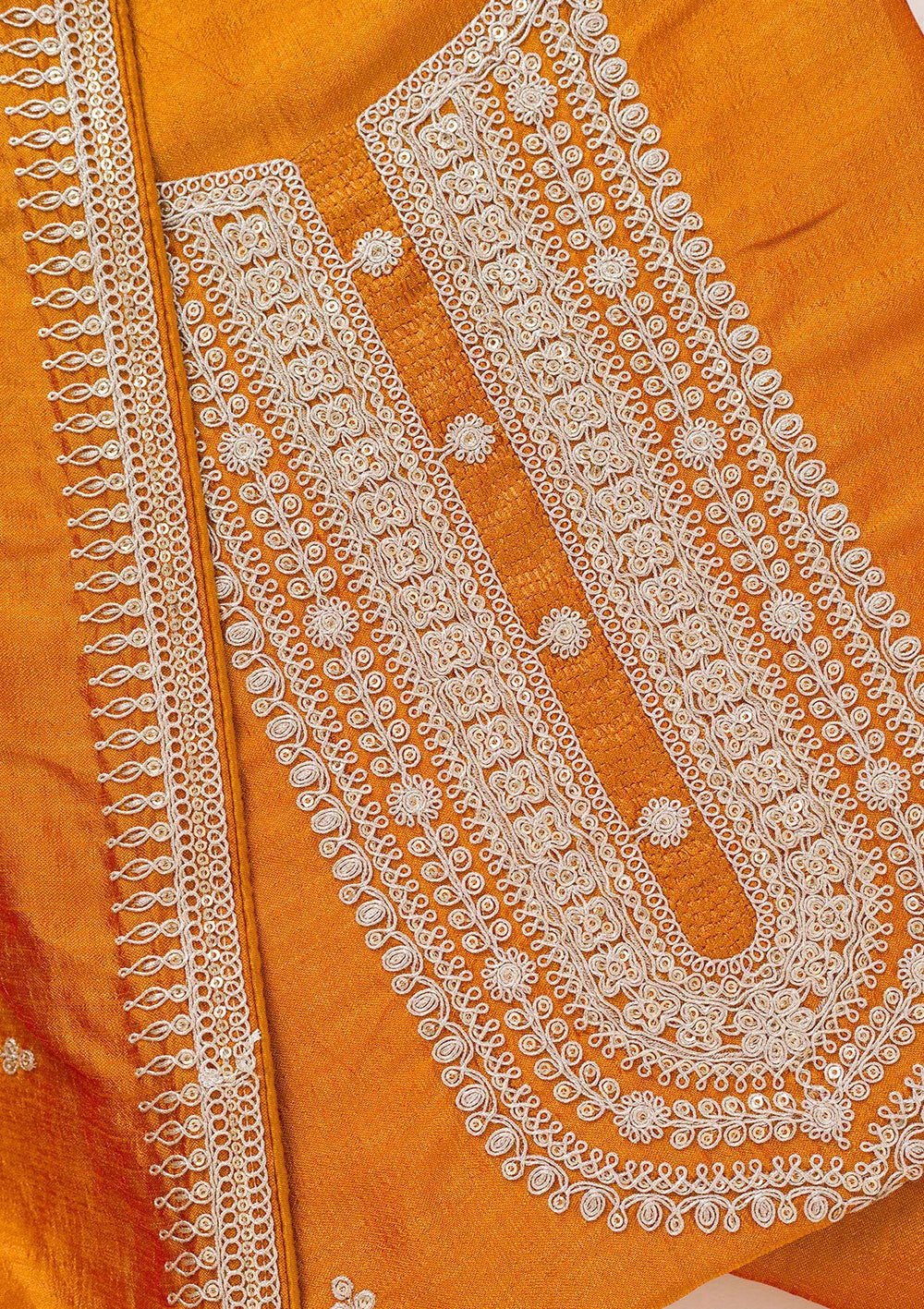 Buy Mustard Zariwork Art Silk Unstitched Salwar Suit - Koskii