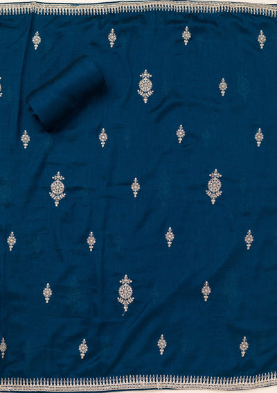 Peacock Blue Zariwork Art Silk Unstitched Salwar Suit-Koskii