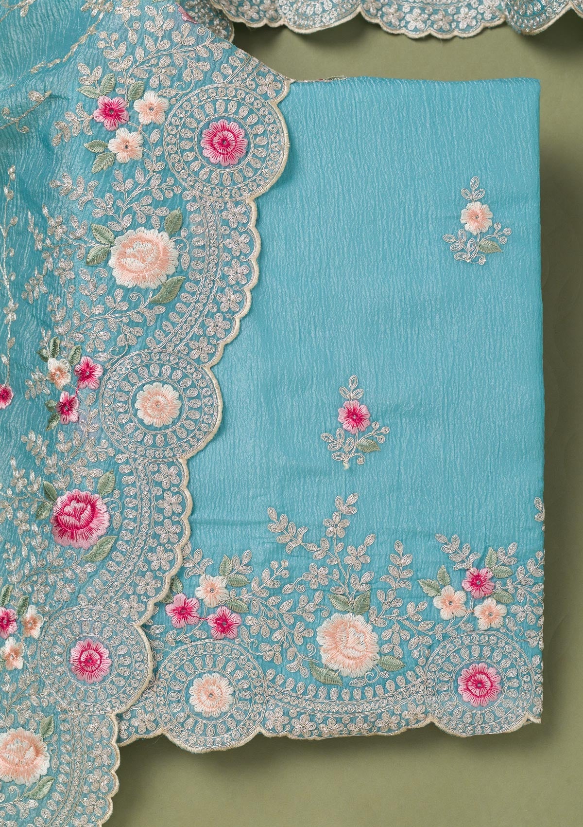 Sky Blue Threadwork Tissue Unstitched Salwar Suit-Koskii