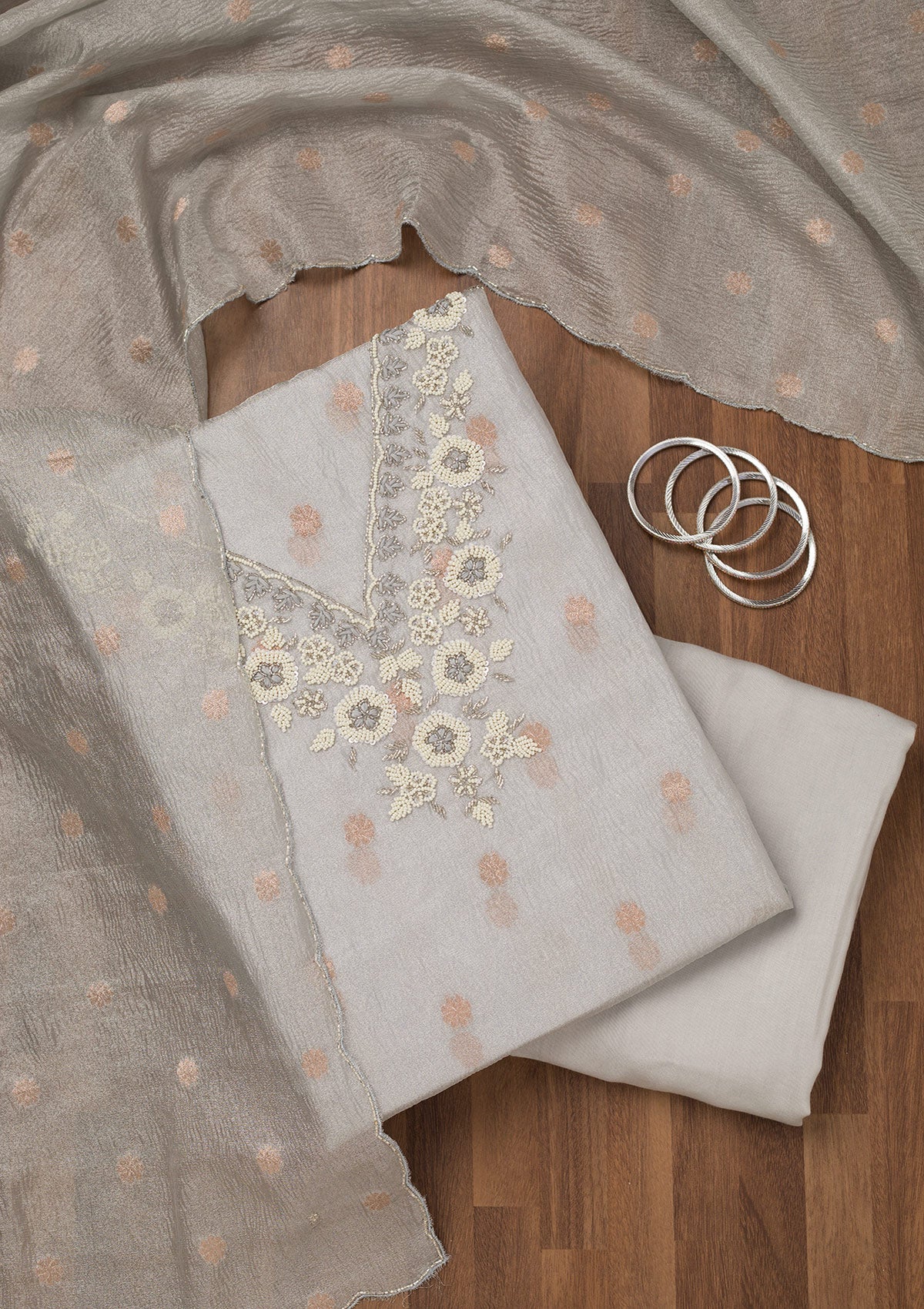 Grey Stonework Tissue Unstitched Salwar Suit-Koskii